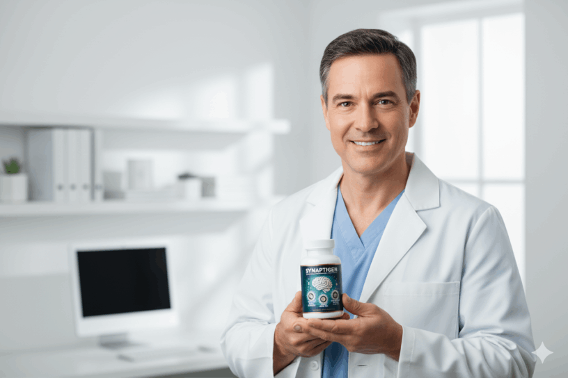 doctor holding Synaptigen bottle